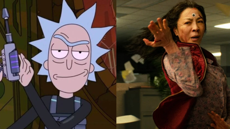 un fotograma de Rick Sanchez (Rick y Morty) pegado junto a un fotograma de Evelyn (Everything Everywhere All at Once)